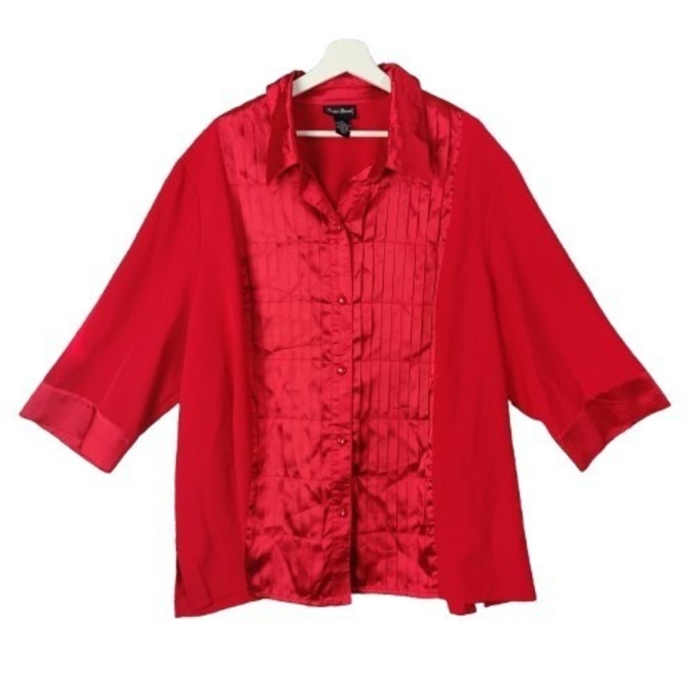 Maggie Barnes Womens Elegant Glam Pleated Blouse 3X Red Satin Trim Button Up Top